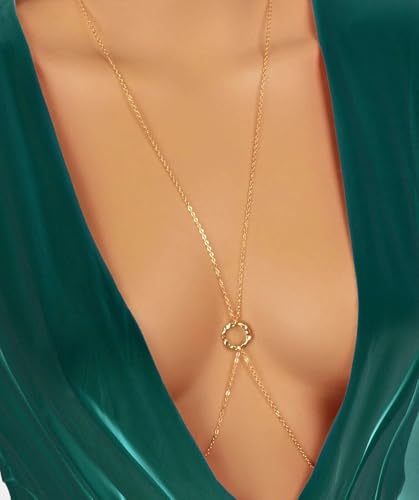 14K Gold Plated Body Chains for Women, Sexy Layered Belly Waist Chain Crossover Bikini Bra Chain, Summer Beach Rhinestone Body Jewelry - style: Gold Circle