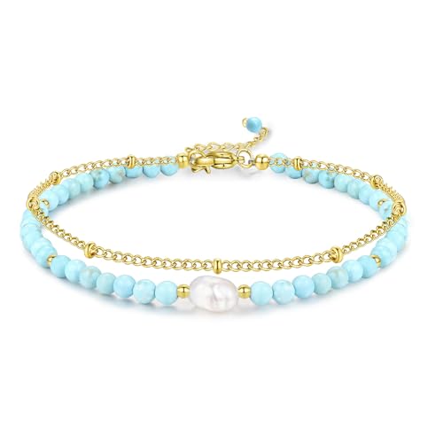 Peridot Stand Silver Gold Bracelets, Handmade Birthstone Stack Bracelet Crystal Gemstones Bead Chain Gift for Women, 8" - color: Gold-Turquoise Pearl