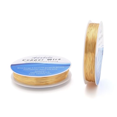 Adabele 295 Feet Premium Tarnish Resistant Round Jewelry Wire Copper Beading Wire Spool Bulk (0.5mm/24 Gauge) 18K Gold Plated for DIY Craft Jewelry Making BF286-5 - color: 18K Yellow Gold/Light Gold, size: 0.5mm (24 gauge) wire - 2 Rolls