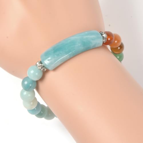 Justinstones Gem Semi Precious Gemstone Love Heart Charm Stretch Beaded Bracelet Unisex - color: Blue Amazonite(7 Chakra)