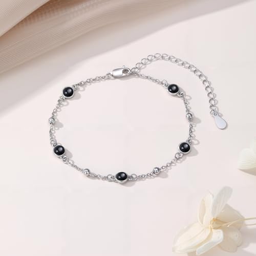 HPQQ Anklet Bracelet for Women 925 Sterling Silver Natural Stone Chain Bead Ankle Bracelet Beach Summer Fine Jewelry Mothers Day Birthday Gifts for Women Mom Wife - color: Bracelet-7"-9"-Black Onyx