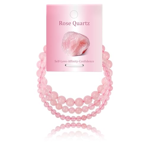3Pcs Natural Healing Crystal Bracelets for Women Men, 4mm 6mm 8mm Beaded Stretch Bracelet Set, Black Tourmaline Natural Stone Gemstone Jewelry Gifts for Meditation, Reiki & Yoga - color: Rose Quartz
