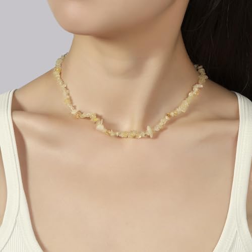 Raw Crystal Necklaces for Women 5-8mm Handmade Natural Stone Necklace Beaded Choker Necklace Healing Crystal Necklace Gemstone Necklace Raw Crystal Beaded Necklace for Her - style: Citrine