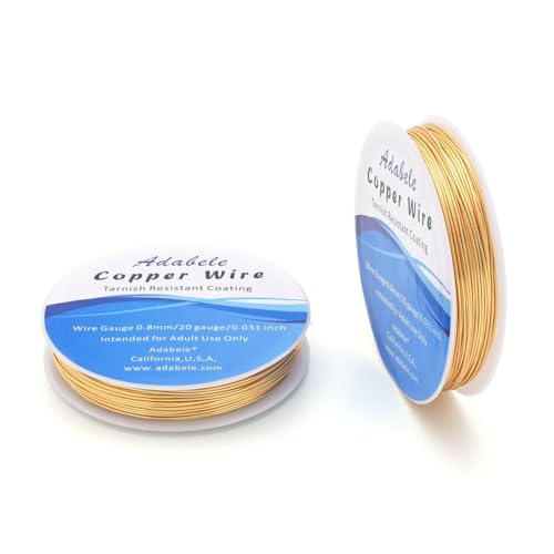 Adabele 65 Feet Premium Tarnish Resistant Round Jewelry Wire Copper Beading Wire Spool Bulk (0.8mm/20 Gauge) 18K Gold Plated for DIY Craft Jewelry Making BF286-8 - color: 18K Yellow Gold/Light Gold, size: 0.8mm (20 Gauge) wire - 1 Roll