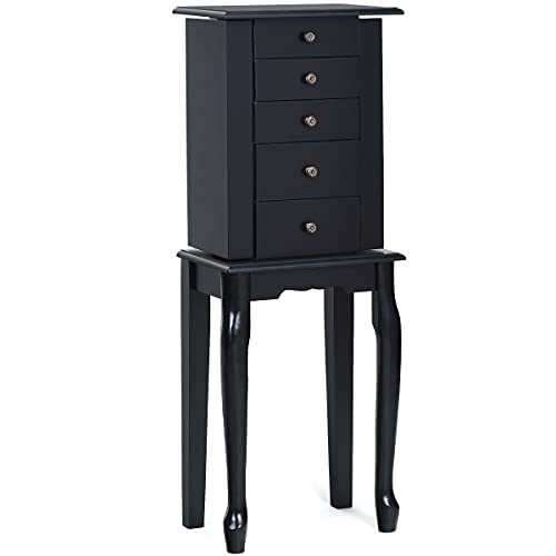 Giantex Jewelry Armoire Cabinet Chest Organizer Box Top with Flip Mirror Standing Space-Saving Bedroom Makeup Accessories Storage Armoires 8 Necklace Hooks, Jewelry Cabinets with 4 Drawers (Black) - color: Black