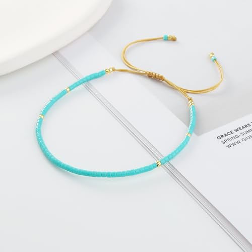 KELITCH Adjustable turquoise bead bracelet single color knitting friendship bracelet fashion jewelry daily wear gift (28 color selection) - color: Green 04X