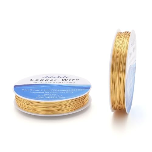 Adabele 124 Feet Premium Tarnish Resistant Round Jewelry Wire Copper Beading Wire Spool Bulk (0.6mm/22 Gauge) 18K Gold Plated for DIY Craft Jewelry Making BF286-6 - color: 18K Yellow Gold/Light Gold, size: 0.6mm (22 gauge) wire - 1 Roll