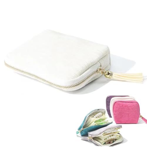 Travel Jewelry Organizer Case, Small Jewelry Pouch Bags with Zipper & Tassel, Travel Jewelry Case for Earrings Necklaces Rings Bracelets Brooches, Travel Gifts for Women - color: White