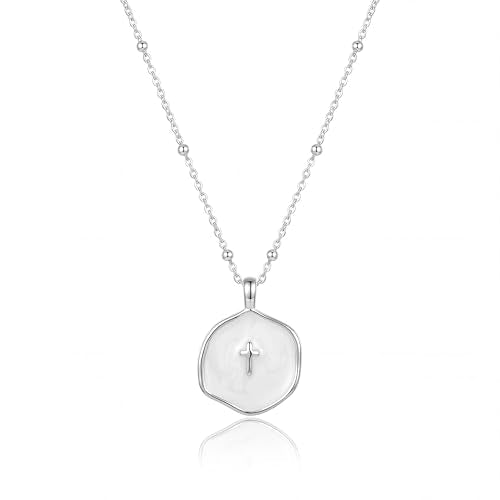 Mothers Day Gifts for Mom Cross Necklace for Women Dainty 14K Gold Plated Cross Coin Necklace Simple Round Disc Pendant Minimalist Cute Charm Everyday Religious Jewelry Gifts - style: bead chain silver