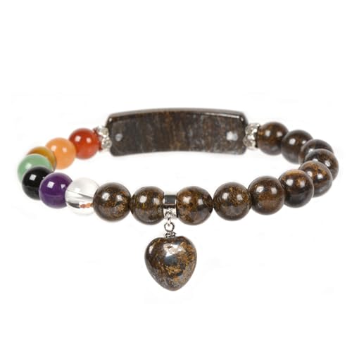 Justinstones Gem Semi Precious Gemstone Love Heart Charm Stretch Beaded Bracelet Unisex - color: Bronzite(7 Chakra)
