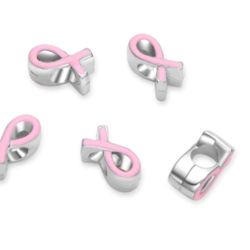 20pcs Pink Ribbon Symbol of Awareness Large Hole Enamel Loose Beads (4.5mm Hole) Antique Silver Metal Spacer for DIY Craft Jewelry Making MEC-C14 - size: Pink Ribbon