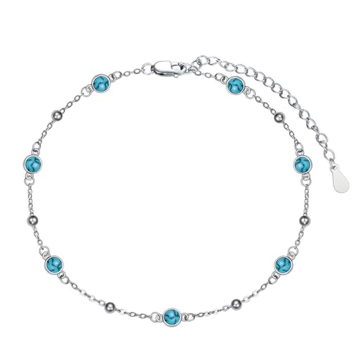 HPQQ Anklet Bracelet for Women 925 Sterling Silver Natural Stone Chain Bead Ankle Bracelet Beach Summer Fine Jewelry Mothers Day Birthday Gifts for Women Mom Wife - color: Anklet-9"-11"-Turquoise