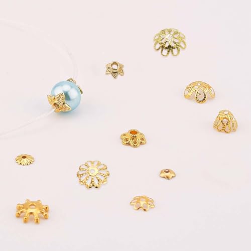 SUNNYCLUE 1 Box 240Pcs Metal Bead Caps 12 Different Flower Bead Ends Filigree Petal Brass Bead Caps Alloy Beads Spacer Accessories with Clear Box for Jewelry Making, Golden - color: 240pcs Golden
