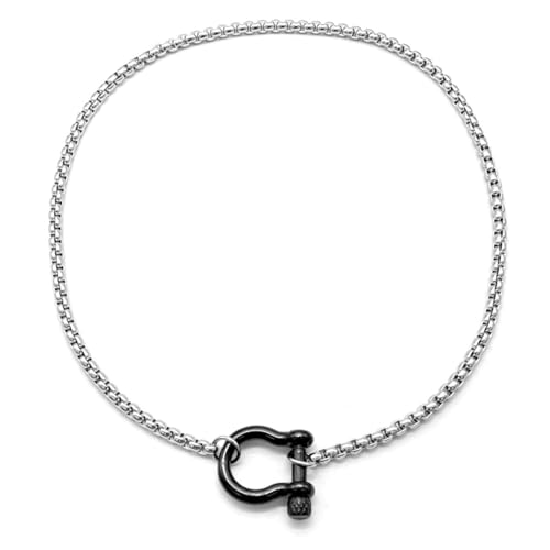 18K Gold Plated Buckle Necklace with Heavy Screw Anchor Shackle Wheat Chain Two Tone Carabiner 17.7 Inch Stainless Steel Foxtail Chain - color: Silver necklace with black clasp