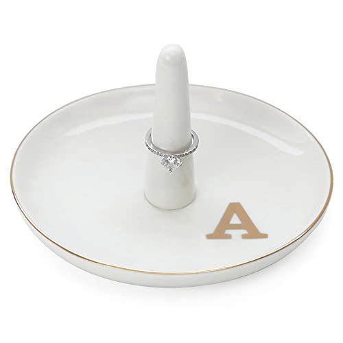 HOME SMILE Initials Ring Holder Jewelry Tray with Personalized A-Monogrammed Engagement Gifts for Women, Ceramic White - style: A