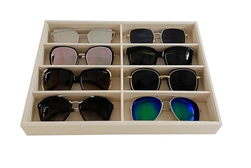 Velvet Sunglasses Organizer Tray 8 Slot, Stackable Eyewear Display Case for Sunglasses, Glasses & Watches, Premium Beige Velvet, Removable Dividers, Drawer Insert, Home Retail Trade Show - color: Glasses Tray