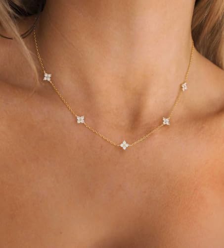 Mothers Day Gifts - Dainty Silver Gold Necklaces for Women Cute Station Choker Simulated Diamond Necklace Simple Layering CZ Necklace Trendy Jewelry Gifts - color: Gold, style: Flower