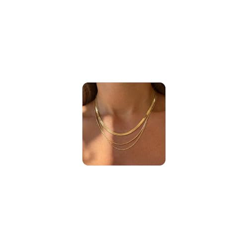 Tewiky Layered Necklaces for Women Non Tarnish- Chunky 14k Gold Plated Herringbone/Snake/Rope/Box/Cuban Link Chain for Women Waterproof Layering Stack Choker Necklace Trendy Dainty Tarnish Free Jewelry Set - color: 3 Necklace Set Gold