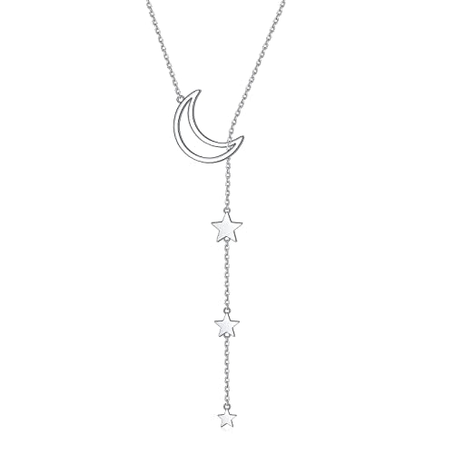 Long Necklace Sterling Silver Larait Bar Y Lariat Long Chain Drop Adjustable Necklace Gift for Her, 30" - style: Long Moon Star Necklace