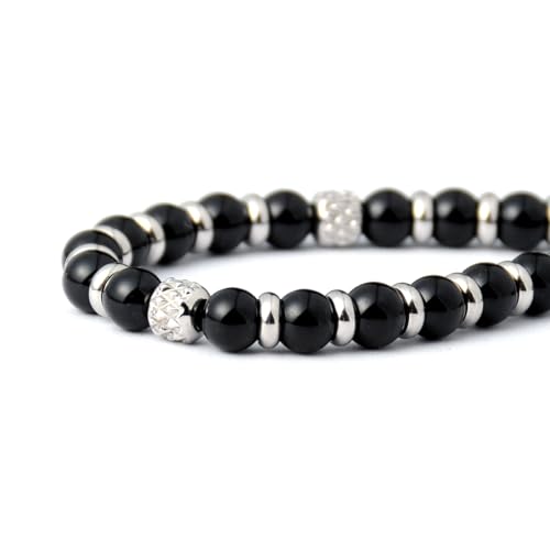 Ganbatte Handmade Beaded Bracelet, Natural Stone and Silver Stainless Steel, Boho Style Women's Jewelry - color: Black Onyx