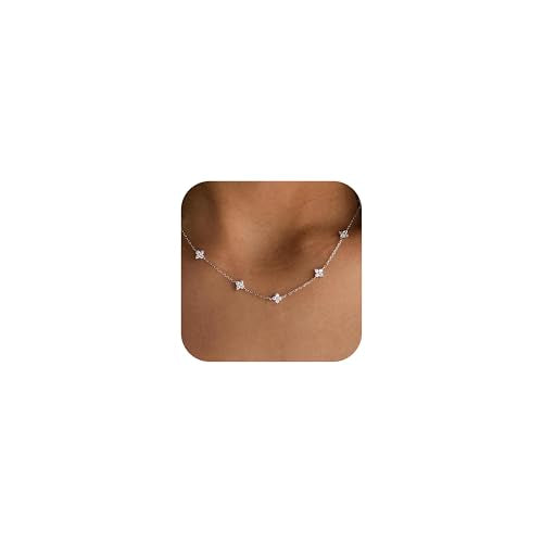 Mothers Day Gifts - Dainty Silver Gold Necklaces for Women Cute Station Choker Simulated Diamond Necklace Simple Layering CZ Necklace Trendy Jewelry Gifts - color: Silver, style: Flower