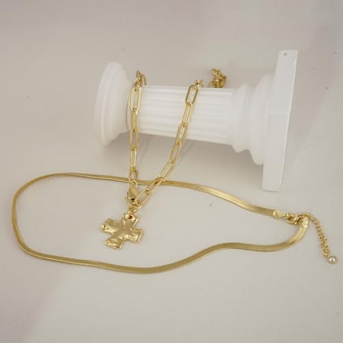 Bheop Chunky Cross Necklace for Women Trendy 14K Gold Silver Layered Statement Cross Pendant Charm Necklace Waterproof Paperclip Herringbone Snake Choker Chain Christian Jewelry Set Gift Non Tarnish - style: GD-2PCS/0.8 inch Cross+Herringbone Necklace