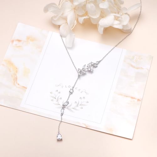 Long Necklace Sterling Silver Larait Bar Y Lariat Long Chain Drop Adjustable Necklace Gift for Her, 30" - style: Long Leaf Necklace