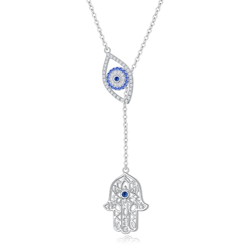 Long Necklace Sterling Silver Larait Bar Y Lariat Long Chain Drop Adjustable Necklace Gift for Her, 30" - style: Evil Eye Hamsa Hand Necklace