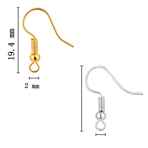 Bylion 400 Pieces Stainless Steel Earring Hooks, Fish Hooks Ear Wires French Wire Hooks, Coil and Ball Style Nickel-Free Ear Wires for Jewelry Making, Gold - color: Gold