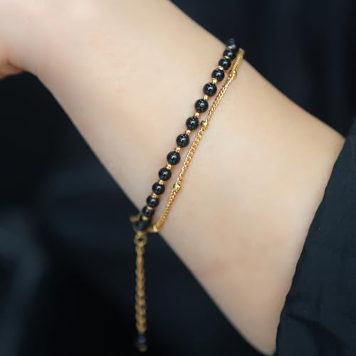 Peridot Stand Silver Gold Bracelets, Handmade Birthstone Stack Bracelet Crystal Gemstones Bead Chain Gift for Women, 8" - color: Black Agate