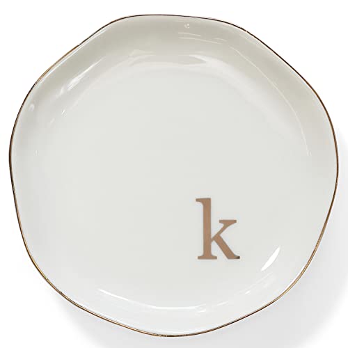 HOME SMILE Initials Ring Dish Jewery Tray with Personalized K-Monogrammed Engagement Wedding Gifts for Friends,Sister,Birthday Christmas Gifts for Women,Ceramic White - style: k