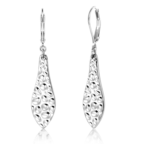 ALEXCRAFT 925 Sterling Silver Dangle Earrings for Women, 14K Gold Plated French Leverback Earrings, Hypoallergenic Lightweight Statement Hammer Square Bar Long Drop Earing for Women Trendy Jewelry - color: SilverB