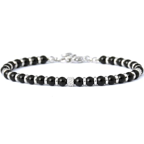 Ganbatte Handmade Beaded Bracelet, Natural Stone and Silver Stainless Steel, Boho Style Women's Jewelry - color: Black Onyx