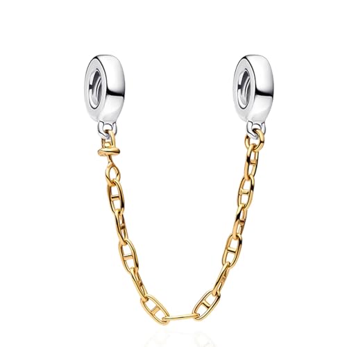 S925 Bead Dangle Charms for Bracelets Necklaces, Compatible with Pandora - style: Two Pig Nose Safety Chain 14K Gold Plated