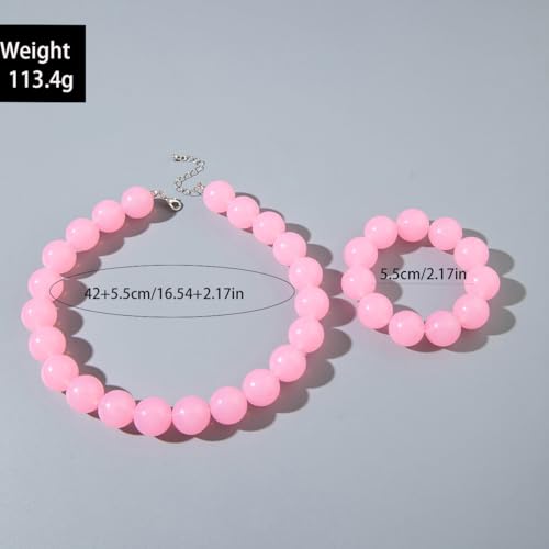 Colorful Chunky Beaded Necklace for Women Acrylic Bead Choker Necklaces Fashion Large Round Beads Necklaces for Women Handmade Summer Jewelry - color: Pink bracelet + necklace