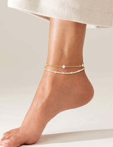 RLMOON Gold Silver Anklets for Women CZ Ankle Bracelet 14K Gold Plated Waterproof Layered Stackable Tennis Dot Chain Anklet Trendy Summer Beach Foot Jewelry - color: A-Clover&Tennis Anklet-Gold