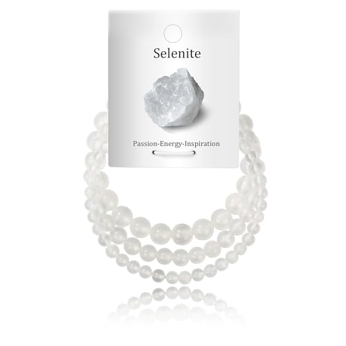 3Pcs Natural Healing Crystal Bracelets for Women Men, 4mm 6mm 8mm Beaded Stretch Bracelet Set, Black Tourmaline Natural Stone Gemstone Jewelry Gifts for Meditation, Reiki & Yoga - color: Selenite