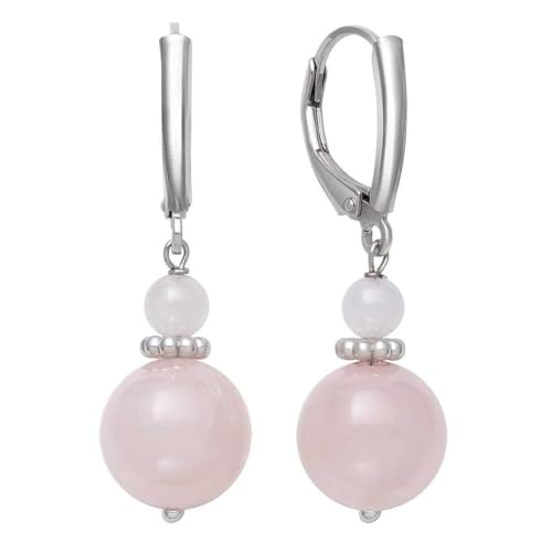 Belacqua Natural Round Gemstone Beaded Dangle Drop Earrings in Sterling Silver, Jade, Aquamarine, Black Onyx or Rose Quartz, Jewelry for Women, 1.5 Inches - Length, Leverback, Gift Box Included - color: Rose Quartz