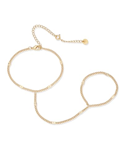PAVOI 14K Gold Plated Hand Chains for Women - Adjustable Hand Chain Bracelet and Ring - Trendy Gold Handchain Bracelet Stack Summer Jewelry - Beads, Pearl, and Cubic Zirconia Body Jewelry - style: Crimp Chain