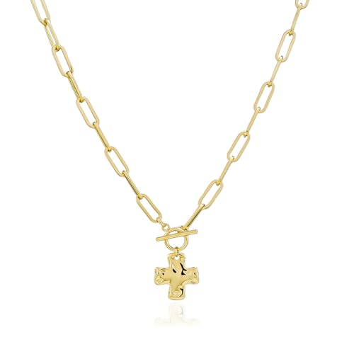 Bheop Chunky Cross Necklace for Women Trendy 14K Gold Silver Layered Statement Cross Pendant Charm Necklace Waterproof Paperclip Herringbone Snake Choker Chain Christian Jewelry Set Gift Non Tarnish - style: GD-Toggle Necklace(0.8 inch Pendant)