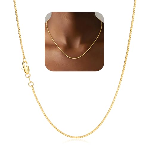 18K Gold Plated 925 Sterling Silver Chain for Women, 1mm Box Chain Dainty Gold Necklace Jewelry Gifts for Women Mom Girlfriend - size: 20 Inches