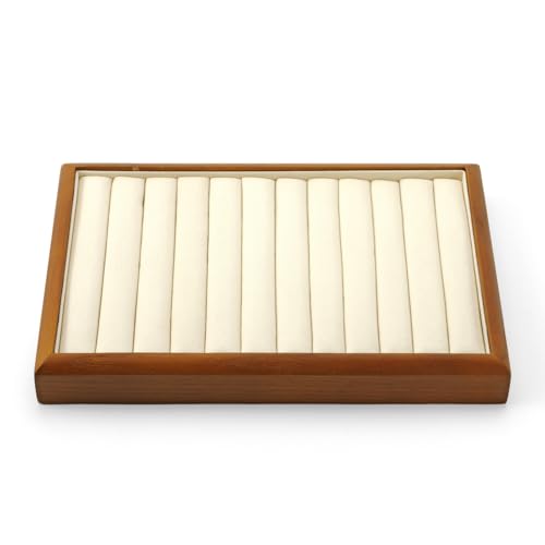 11 Slots Solid Wood Jewelry Tray Microfiber Ring Earring Drawer Organizer Holder for Storage Display (Cream White) - style: 11 Slot