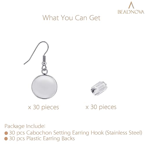 BEADNOVA Earring Kit 30pcs Blank Ear Wire Hook 12mm Stainless Steel Cabochon Setting Earring Bezel with Rubber Backs for Cabochon Resin DIY Earwire Making (12mm, 30pcs) - color: 30pcs, size: 12mm