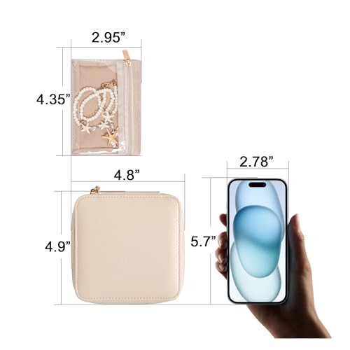 Frebeauty Small Travel Jewelry Box with 6 Pouch Bags, Portable Mini Jewelry Storage, 3.35 x 4.9 x 4.8 Inches, Gift Idea for Women Girls (Beige) - color: Beige