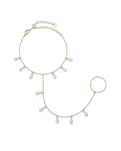 PAVOI 14K Gold Plated Hand Chains for Women - Adjustable Hand Chain Bracelet and Ring - Trendy Gold Handchain Bracelet Stack Summer Jewelry - Beads, Pearl, and Cubic Zirconia Body Jewelry - style: Pearl Station
