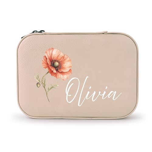 Custom Leather Jewelry Box with Name & Birth Flower Month, Birthday Gifts for Women, Personalized Jewelry Travel Case - Customized Jewelry Organizer Box, Mom Birthday Gifts, Tan - color: Tan