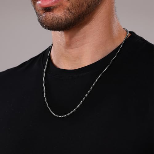 Square Rolo Chain Necklace Stainless Steel Round Box Necklace for Men Women/2mm-7mm/16Inch-36Inch - color: Stainless Steel-Black, size: 20 Inches, style: 2 mm width