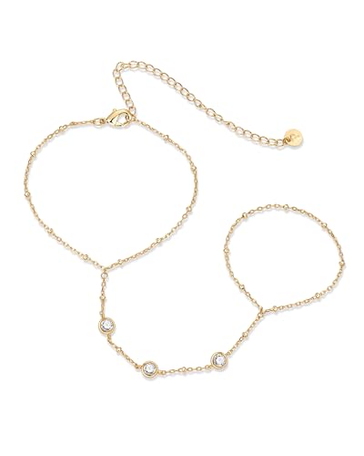 PAVOI 14K Gold Plated Hand Chains for Women - Adjustable Hand Chain Bracelet and Ring - Trendy Gold Handchain Bracelet Stack Summer Jewelry - Beads, Pearl, and Cubic Zirconia Body Jewelry - style: Bezel