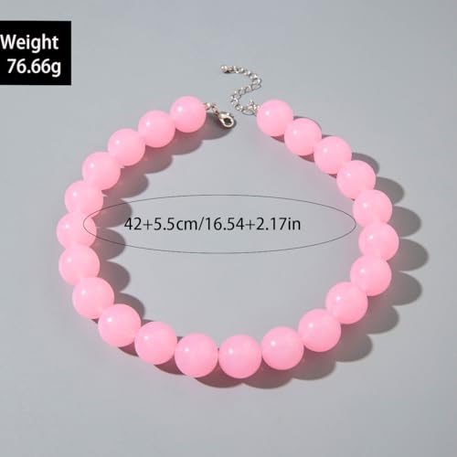 Colorful Chunky Beaded Necklace for Women Acrylic Bead Choker Necklaces Fashion Large Round Beads Necklaces for Women Handmade Summer Jewelry - color: Pink Beaded Necklace