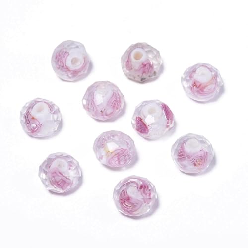 7.5×10mm 50pcs White Pink Flower Faceted Lampwork Glass Beads for Jewelry Making, Flat Round Handmade Murano Beads for Bracelets, Crafts, Friendship Bracelet Kit, Rosary Making - color: White Pink Flower